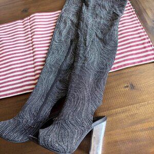 BAMBOO Black and Silver Textured Heels Over The Knee Thigh High Boots Club Party
